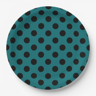 Black polka dots on teal paper plate