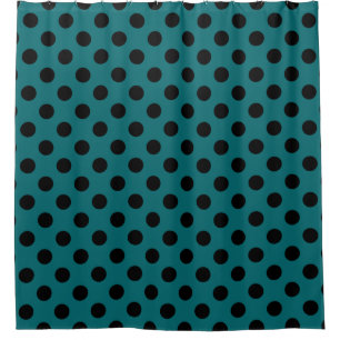 Black polka dots on teal shower curtain