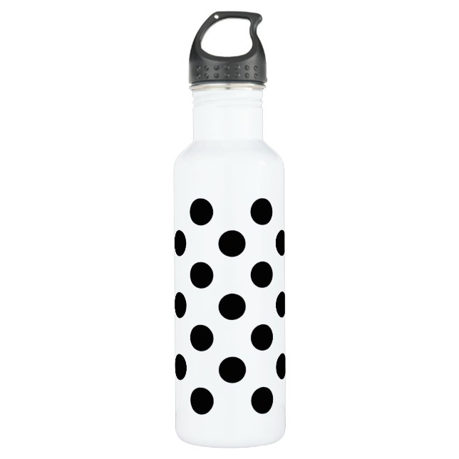 Black polka dots on white 710 ml water bottle (Front)