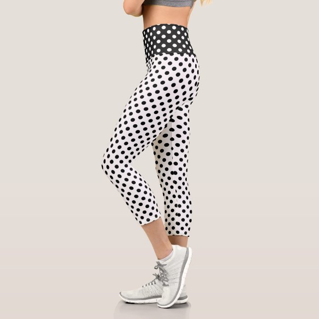 Black Polka Dots on White Background Capri Leggings (Left)