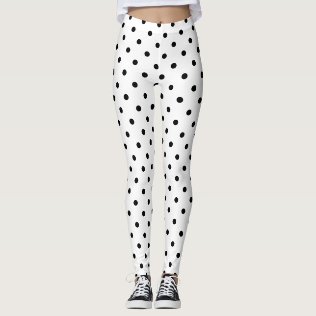 Black Polka Dots on White Background Leggings (Front)