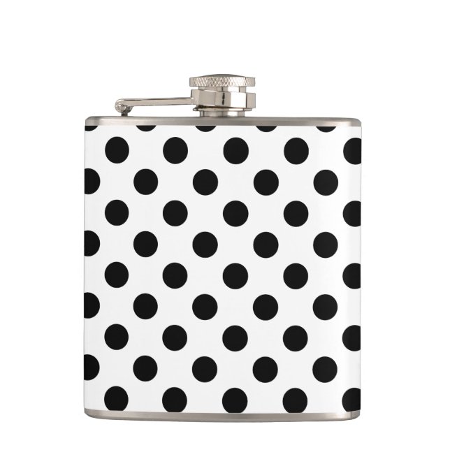 Black polka dots on white hip flask (Front)