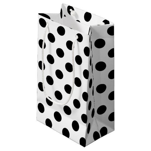 Black polka dots on white small gift bag (Front Angled)