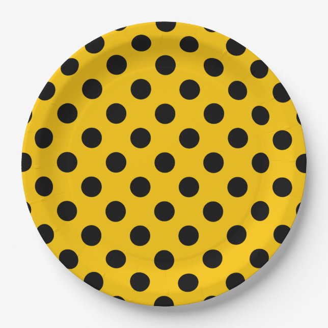 Black polka dots on yellow paper plate (Front)