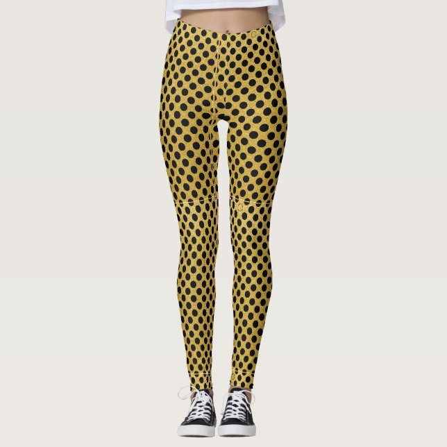 Black polka dots pattern on Gold Glitter Leggings (Front)