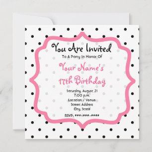 Black Polka Dots & Pink Birthday Party Invitation