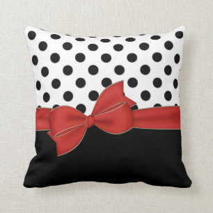 Black Polka Dots Red Bow Throw Cushion