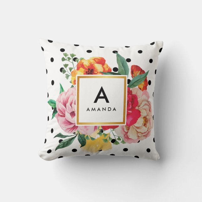 Black polka dots Watercolor Peony Flowers Monogram Cushion (Front)