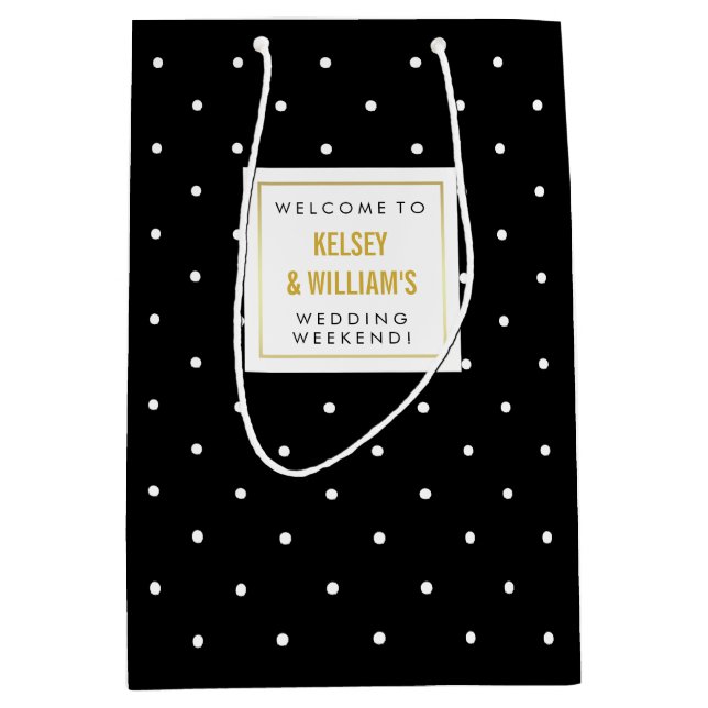 Black Polka Dots Wedding Out of Town Guest Welcome Medium Gift Bag (Front)