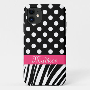 Black Polka Dots Zebra Stripes Pink Name iPhone 11 Case