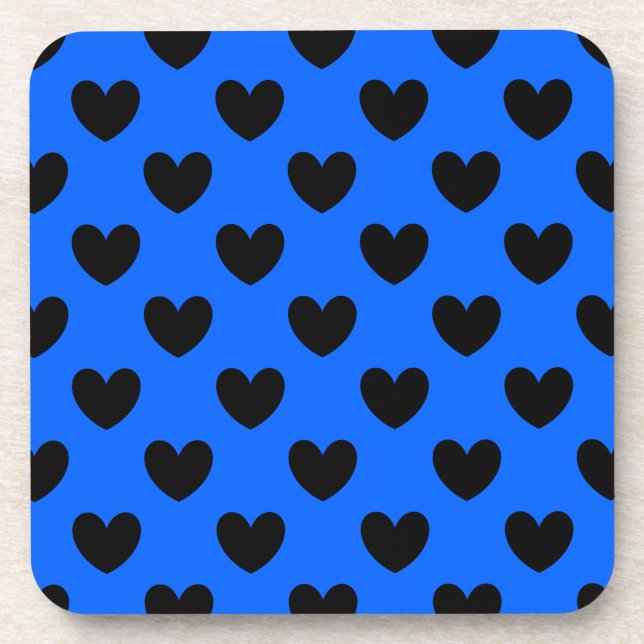Black polka hearts on blue coaster (Front)