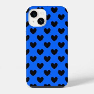 Black polka hearts on blue iPhone 14 case