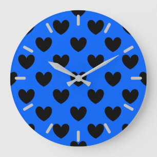 Black polka hearts on blue large clock