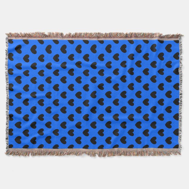 Black polka hearts on blue throw blanket (Front)