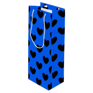 Black polka hearts on blue wine gift bag