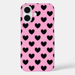 Black polka hearts on cotton candy pink iPhone 16 case