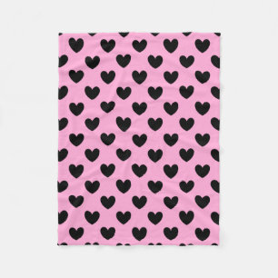 Black polka hearts on cotton candy pink fleece blanket