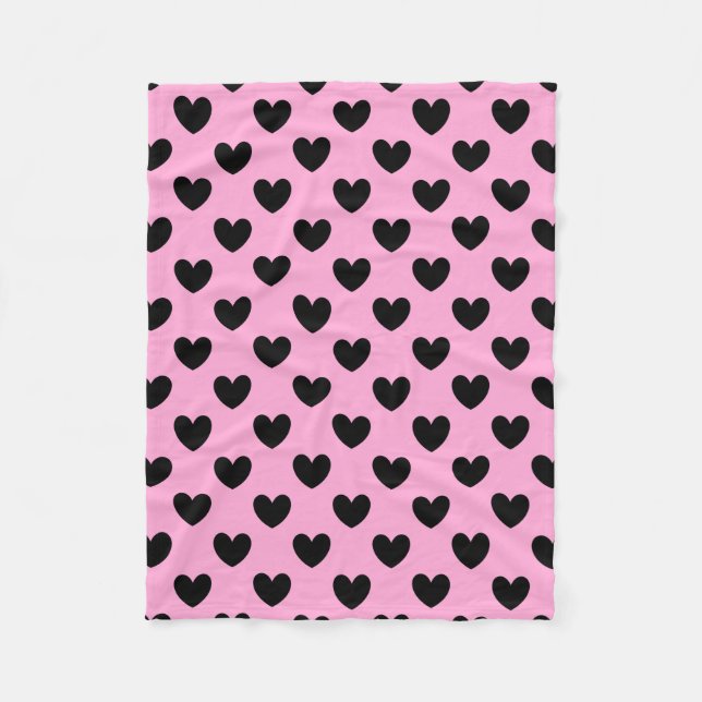 Black polka hearts on cotton candy pink fleece blanket (Front)
