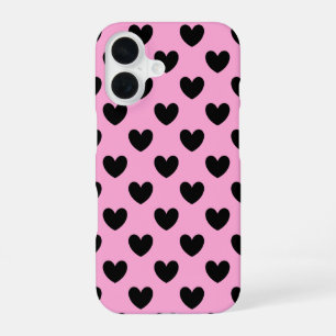 Black polka hearts on cotton candy pink iPhone 16 case