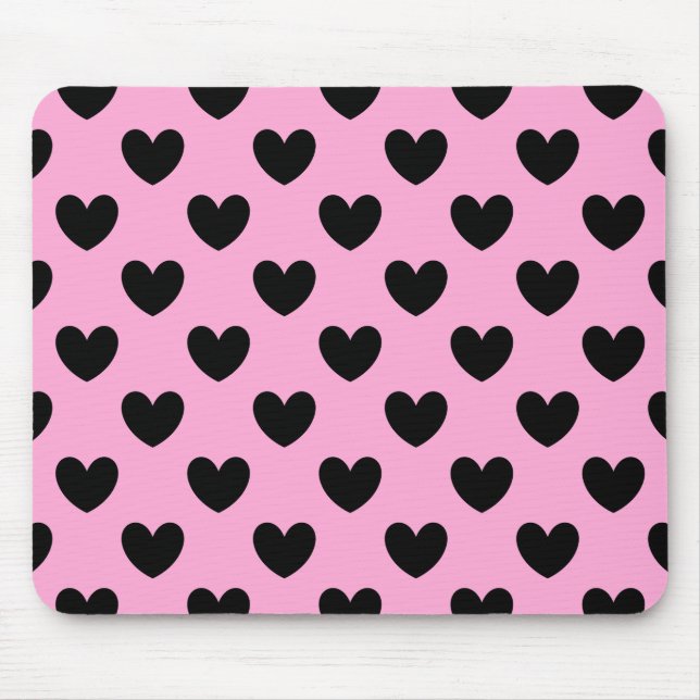 Black polka hearts on cotton candy pink mouse mat (Front)