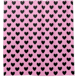 Black polka hearts on cotton candy pink shower curtain