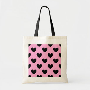 Black polka hearts on cotton candy pink tote bag