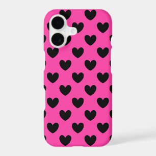 Black polka hearts on fuchsia pink