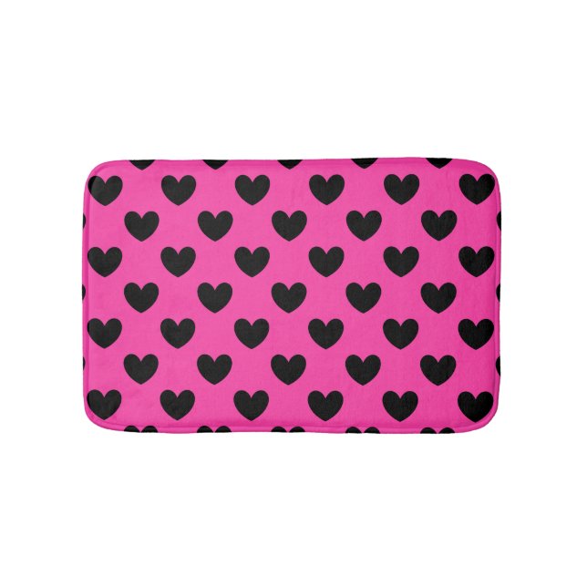 Black polka hearts on fuchsia pink bath mat (Front)