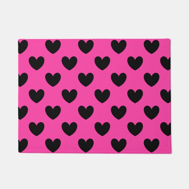 Black polka hearts on fuchsia pink doormat (Front)
