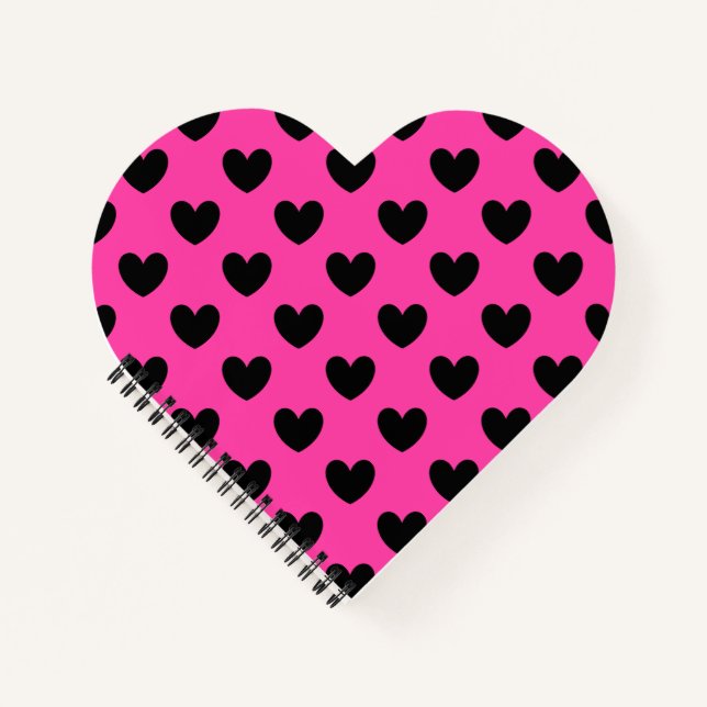 Black polka hearts on fuchsia pink notebook (Front)