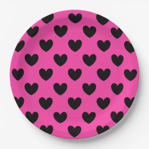 Black polka hearts on fuchsia pink paper plate