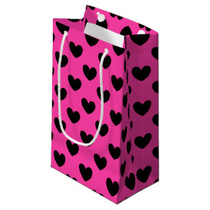 Black polka hearts on fuchsia pink small gift bag