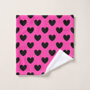 Black polka hearts on fuchsia pink wash cloth