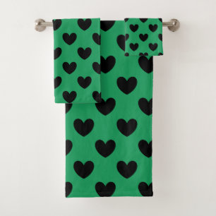 Black polka hearts on Kelly green Bath Towel Set