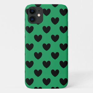 Black polka hearts on Kelly green iPhone 11 Case