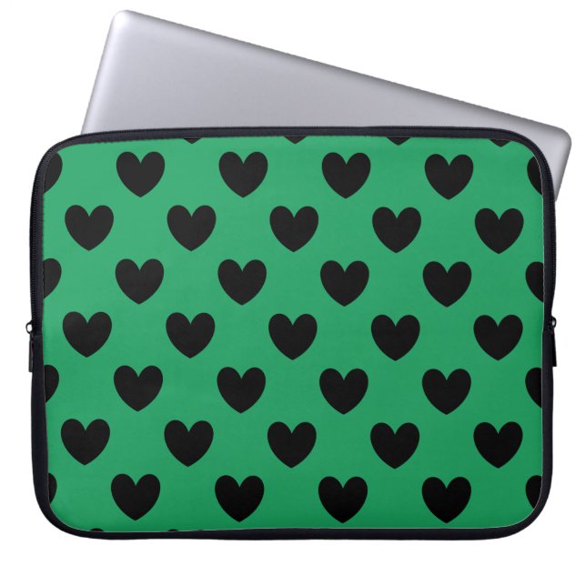 Black polka hearts on Kelly green Laptop Sleeve (Front)