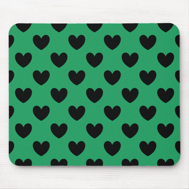 Black polka hearts on Kelly green Mouse Mat (Front)
