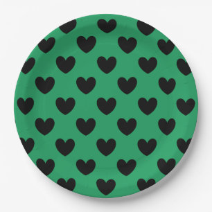Black polka hearts on Kelly green Paper Plate