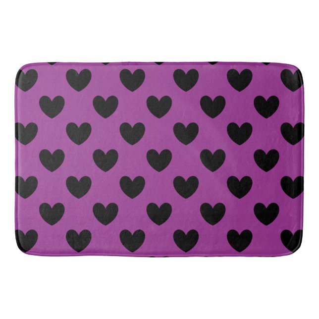 Black polka hearts on purple bath mat (Front)