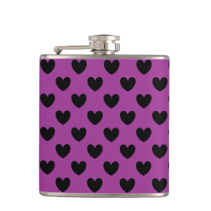 Black polka hearts on purple hip flask