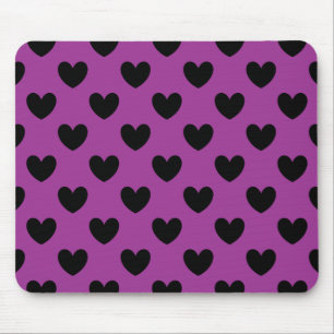 Black polka hearts on purple mouse mat