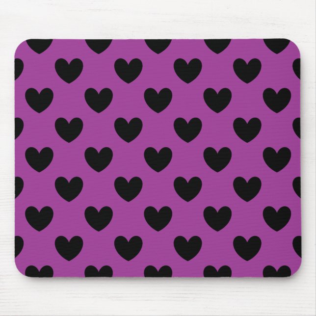 Black polka hearts on purple mouse mat (Front)