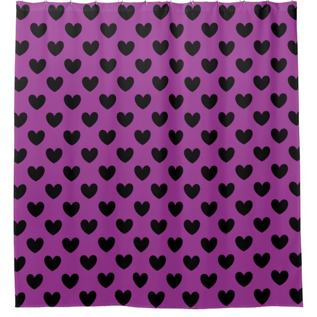 Black polka hearts on purple shower curtain (Front)