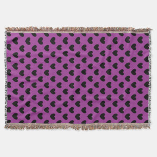 Black polka hearts on purple throw blanket