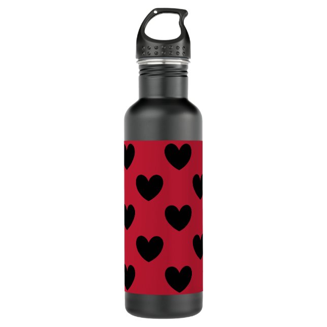 Black polka hearts on red 710 ml water bottle (Front)