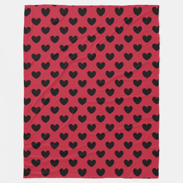 Black polka hearts on red fleece blanket (Front)
