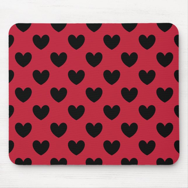 Black polka hearts on red mouse mat (Front)