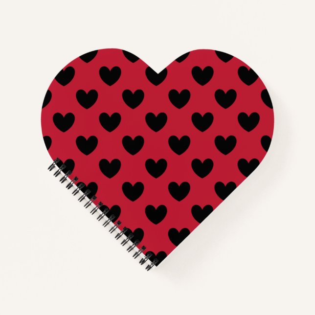 Black polka hearts on red notebook (Front)
