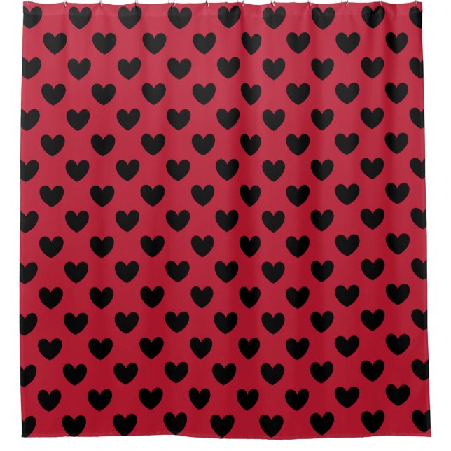 Black polka hearts on red shower curtain (Front)