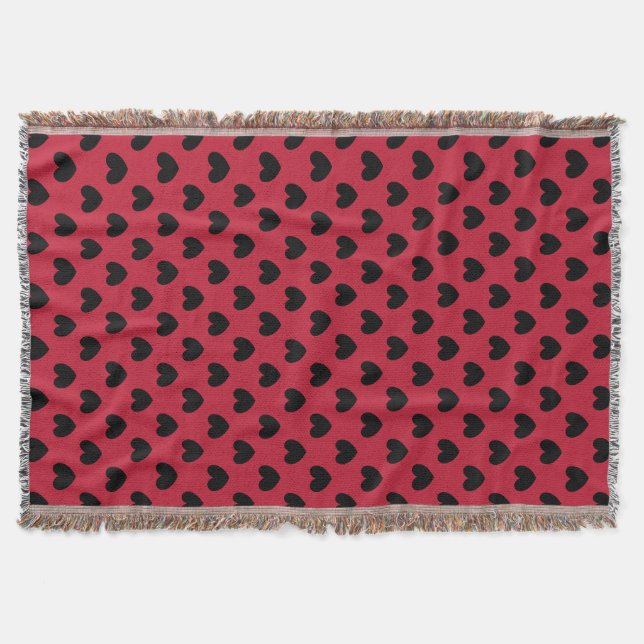 Black polka hearts on red throw blanket (Front)